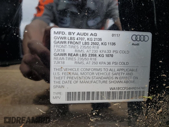 2017 Audi Q3 Premium with VIN WA1BCCFS4HR014740, listed as a Copart auction lot 48615285 with 0 mi miles and Salvage Title. Bid and sale history available at carsss.com. Image 13.