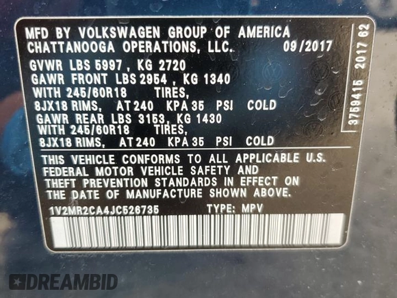 2018 Volkswagen Atlas SEL with VIN 1V2MR2CA4JC526735, listed as a Copart auction lot 48116255 with 121,838 mi miles and Salvage title. Bid and sale history available at DreamBid. Image 13.