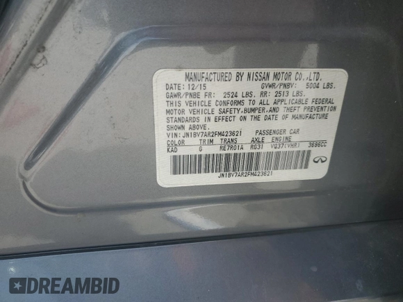 2015 Infiniti Q50 with VIN JN1BV7AR2FM423621, listed as a Copart auction lot 53510465 with 136,355 mi miles and Salvage Title. Bid and sale history available at carsss.com. Image 13.