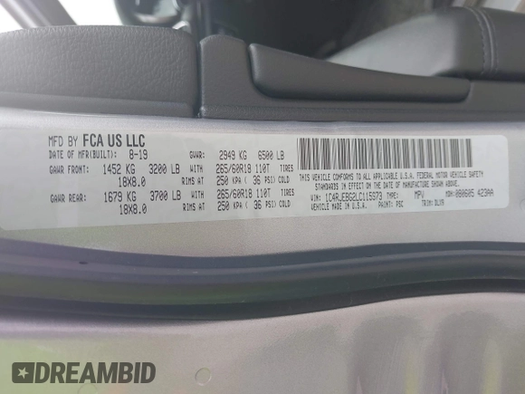 2020 Jeep Grand Cherokee Limited with VIN 1C4RJEBG2LC115973, listed as a IAAI auction lot 41915645 with 91,439 mi miles and . Bid and sale history available at DreamBid. Image 9.