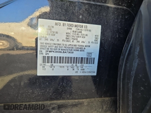2020 Ford Edge Titanium with VIN 2FMPK3K99LBA73839, listed as a IAAI auction lot 42843885 with 92,381 mi miles and . Bid and sale history available at DreamBid. Image 33.