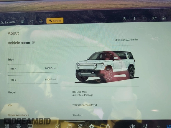 2025 Rivian R1S Adventure with VIN 7PDSGBBA0SN049154, listed as a IAAI auction lot 41160166 with 3,036 mi miles. Bid and sale history available at carsss.com. Image 7.