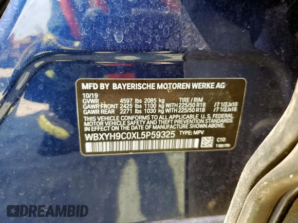 2020 BMW X2 sDrive28i with VIN WBXYH9C0XL5P59325, listed as a Copart auction lot 57661505 with 49,551 mi miles and Salvage title. Bid and sale history available at DreamBid. Image 12.