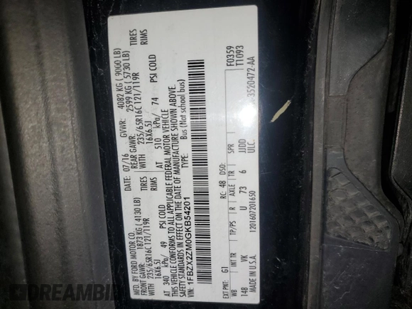 2016 Ford Transit XL с VIN 1FBZX2ZM0GKB54201, выставлен на аукционе Copart как лот 51933165 с пробегом 224 105 миль миль и Чистый • Clean title. История ставок и продаж доступна на DreamBid. Изображение 13.