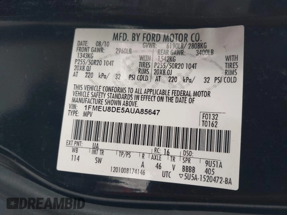 2010 Ford Explorer z VIN 1FMEU8DE5AUA85647, wystawiony jako IAAI lot #41534833 z przebiegiem 129 925 mil mil oraz . Historia ofert i sprzedaży dostępna na DreamBid. Obrazek 9.