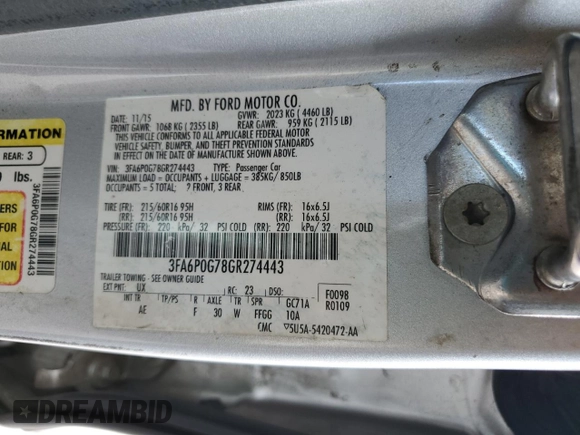 2016 Ford Fusion S with VIN 3FA6P0G78GR274443, listed as a Copart auction lot 53992595 with 252,705 mi miles and Salvage title. Bid and sale history available at DreamBid. Image 12.