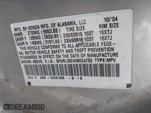 2005 Honda Odyssey LX with VIN 5FNRL38245B024753, listed as a IAAI auction lot 41839673 with 292,563 mi miles. Bid and sale history available at carsss.com. Image 9.