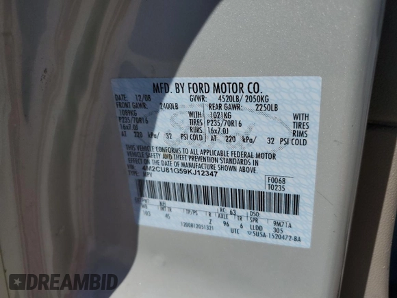 2009 Mercury Mariner с VIN 4M2CU81G59KJ12347, выставлен на аукционе Copart как лот 47087225 с пробегом 226 052 миль миль и Списание • Salvage title. История ставок и продаж доступна на DreamBid. Изображение 13.