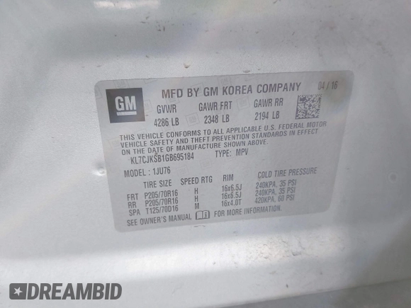 2016 Chevrolet Trax LS with VIN KL7CJKSB1GB695184, listed as a IAAI auction lot 41488203 with 113,410 mi miles. Bid and sale history available at carsss.com. Image 9.