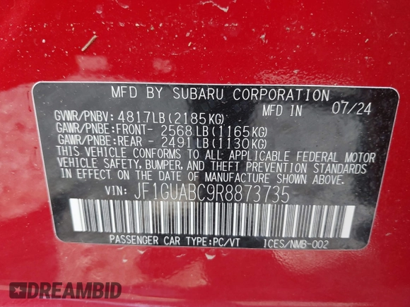 2024 Subaru Impreza with VIN JF1GUABC9R8873735, listed as a IAAI auction lot 42147090 with 2,460 mi miles and . Bid and sale history available at DreamBid. Image 9.