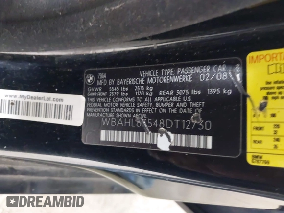 2008 BMW 7 Series ALPINA B7 с VIN WBAHL83548DT12730, выставлен на аукционе IAAI как лот 41914188 с пробегом 179 237 миль миль и . История ставок и продаж доступна на DreamBid. Изображение 9.