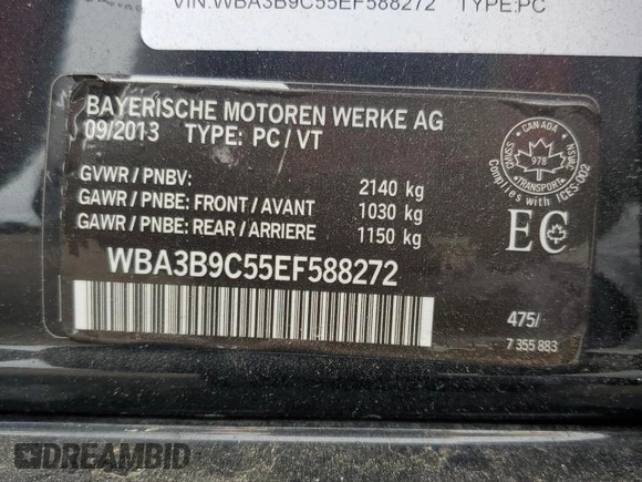 2014 BMW 3 Series 335i xDrive with VIN WBA3B9C55EF588272, listed as a Copart auction lot 58565145 with 88,085 mi miles and Salvage title. Bid and sale history available at DreamBid. Image 12.