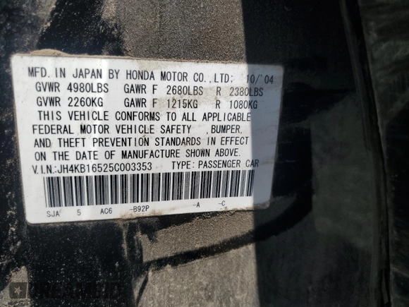 2005 Acura RL with VIN JH4KB16525C003353, listed as a Copart auction lot 61228265 with 150,548 mi miles and Salvage title. Bid and sale history available at DreamBid. Image 12.