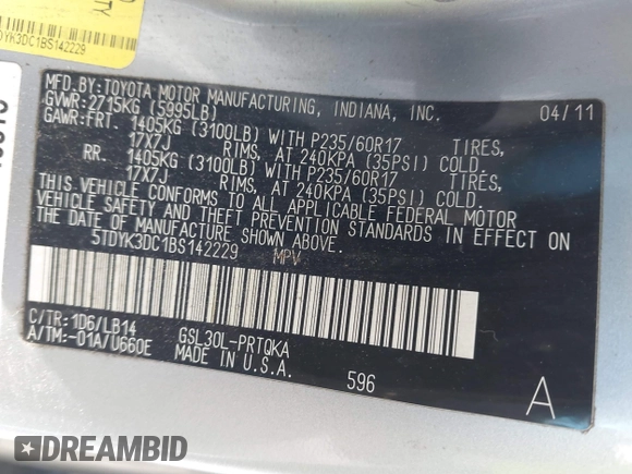 2011 Toyota Sienna XLE AAS с VIN 5TDYK3DC1BS142229, выставлен на аукционе IAAI как лот 42076380 с пробегом 132 768 миль миль и . История ставок и продаж доступна на DreamBid. Изображение 9.