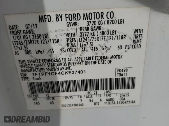 2012 Ford F-150 XL with VIN 1FTPF1CF4CKE37401, listed as a Copart auction lot 73307214 with 237,466 mi miles and Clean title. Bid and sale history available at DreamBid. Image 12.