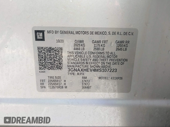 2021 Chevrolet Equinox LS with VIN 3GNAXHEV4MS107223, listed as a IAAI auction lot 42346814 with 71,162 mi miles and . Bid and sale history available at DreamBid. Image 9.