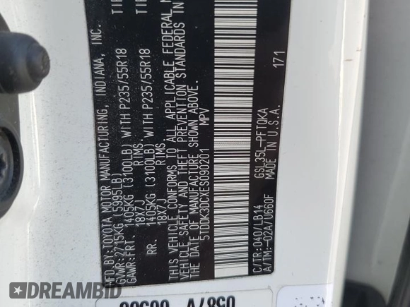 2014 Toyota Sienna Ltd with VIN 5TDDK3DCXES090201, listed as a Copart auction lot 43001075 with 183,788 mi miles and Salvage Title. Bid and sale history available at carsss.com. Image 13.