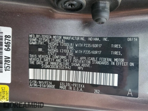 2014 Toyota Sienna LE AAS with VIN 5TDKK3DC9ES521442, listed as a Copart auction lot 64471525 with 331,395 mi miles and Salvage title. Bid and sale history available at DreamBid. Image 14.