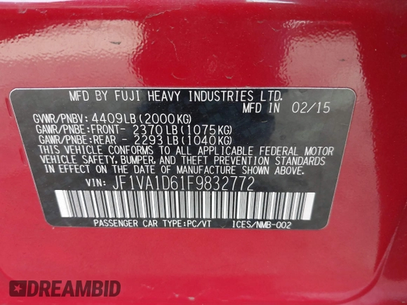 2015 Subaru WRX Premium with VIN JF1VA1D61F9832772, listed as a IAAI auction lot 41687640 with 121,102 mi miles. Bid and sale history available at carsss.com. Image 9.