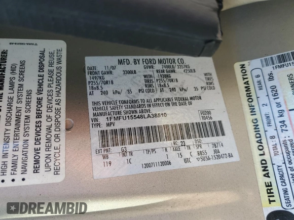 2008 Ford Expedition SSV with VIN 1FMFU15548LA38510, listed as a Copart auction lot 48409195 with 211,925 mi miles and Salvage title. Bid and sale history available at DreamBid. Image 13.