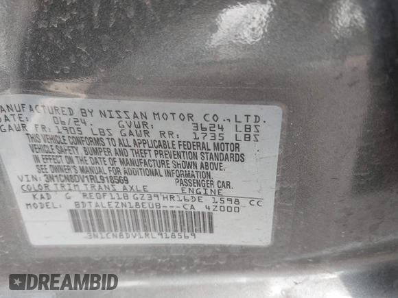 2024 Nissan Versa S with VIN 3N1CN8DV1RL918569, listed as a IAAI auction lot 41712697 with 4,642 mi miles. Bid and sale history available at carsss.com. Image 9.