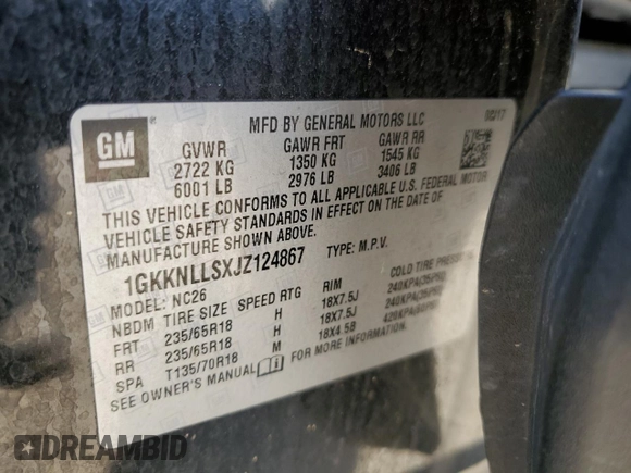 2018 GMC Acadia SLE z VIN 1GKKNLLSXJZ124867, wystawiony jako Copart lot #56381085 z przebiegiem 91 616 mil mil oraz Szkoda całkowita • Salvage title. Historia ofert i sprzedaży dostępna na DreamBid. Obrazek 12.