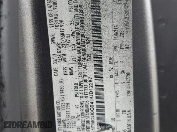 2013 Ford Escape SE with VIN 1FMCU0G94DUD12287, listed as a Copart auction lot 53066385 with 119,729 mi miles and Salvage Title. Bid and sale history available at carsss.com. Image 15.