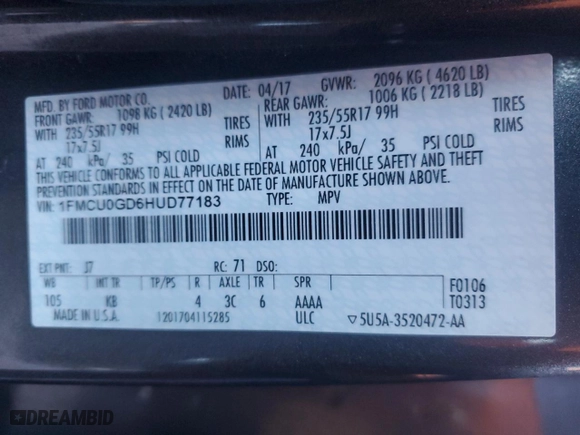 2017 Ford Escape SE with VIN 1FMCU0GD6HUD77183, listed as a Copart auction lot 43231385 with 126,391 mi miles and Salvage Title. Bid and sale history available at carsss.com. Image 13.
