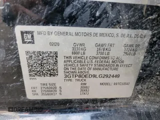 2020 GMC Sierra 1500 SLT with VIN 3GTP8DED9LG292449, listed as a Copart auction lot 55072415 with 134,040 mi miles and Salvage title. Bid and sale history available at DreamBid. Image 12.