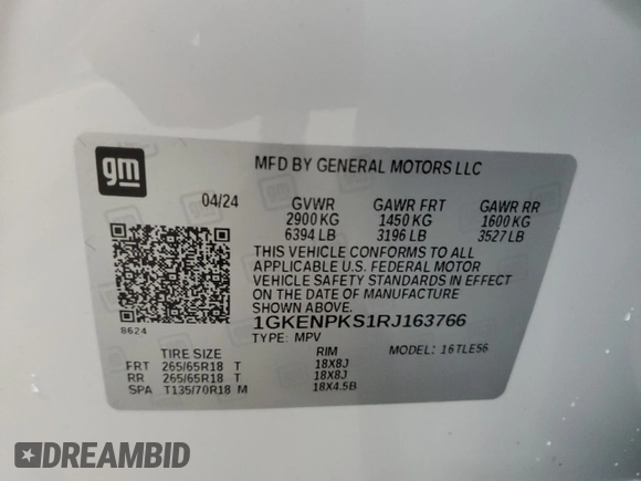 2024 GMC Acadia AWD AT4 z VIN 1GKENPKS1RJ163766, wystawiony jako Copart lot #82437144 z przebiegiem 4320 mil mil oraz Tytuł czysty. Historia ofert i sprzedaży dostępna na DreamBid. Obrazek 13.