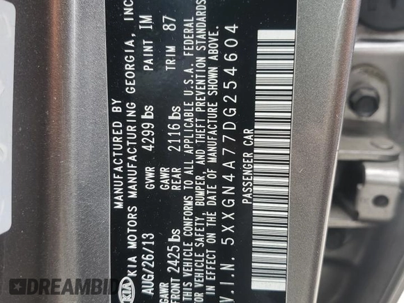 2013 Kia Optima EX with VIN 5XXGN4A77DG254604, listed as a Copart auction lot 62791005 with 183,550 mi miles and Clean title. Bid and sale history available at DreamBid. Image 12.