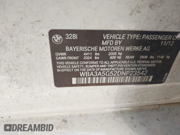 2013 BMW 3 Series 328i с VIN WBA3A5G52DNP23542, выставлен на аукционе IAAI как лот 42599708 с пробегом 169 081 миль миль и . История ставок и продаж доступна на DreamBid. Изображение 9.
