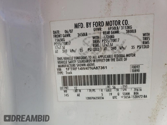 2007 Ford F-150 XL with VIN 1FTRF14W47NA87361, listed as a Copart auction lot 48165725 with 266,678 mi miles and Clean title. Bid and sale history available at DreamBid. Image 12.