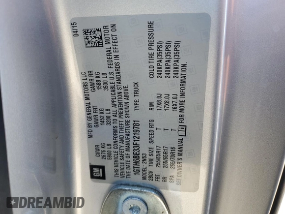 2015 GMC Canyon 4WD SLE with VIN 1GTH6BE33F1219781, listed as a Copart auction lot 44697495 with 0 mi miles and Salvage Title. Bid and sale history available at carsss.com. Image 12.