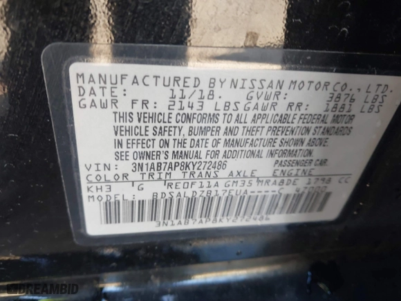 2019 Nissan Sentra SR with VIN 3N1AB7AP8KY272486, listed as a IAAI auction lot 41784415 with 56,058 mi miles. Bid and sale history available at carsss.com. Image 9.