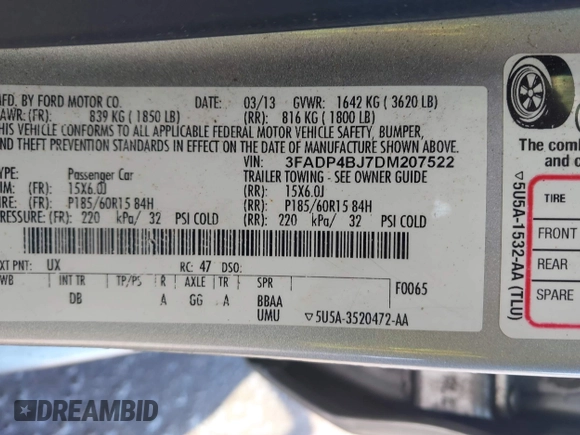 2013 Ford Fiesta SE with VIN 3FADP4BJ7DM207522, listed as a IAAI auction lot 41962314 with 191,550 mi miles. Bid and sale history available at carsss.com. Image 9.