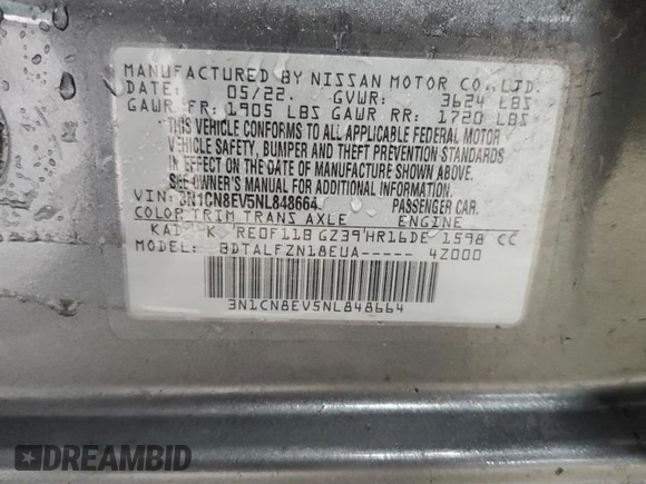 2022 Nissan Versa SV z VIN 3N1CN8EV5NL848664, wystawiony jako Copart lot #58550235 z przebiegiem 56 891 mil mil oraz Szkoda całkowita • Salvage title. Historia ofert i sprzedaży dostępna na DreamBid. Obrazek 13.