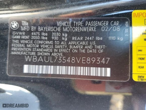 2008 BMW 1 Series 128i with VIN WBAUL73548VE89347, listed as a Copart auction lot 46103715 with 91,717 mi miles and Salvage Title. Bid and sale history available at carsss.com. Image 12.
