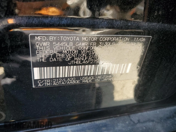 2007 Lexus LS 460 z VIN JTHBL46F275013508, wystawiony jako Copart lot #65202405 z przebiegiem Nie podano mil oraz Szkoda całkowita • Salvage title. Historia ofert i sprzedaży dostępna na DreamBid. Obrazek 13.