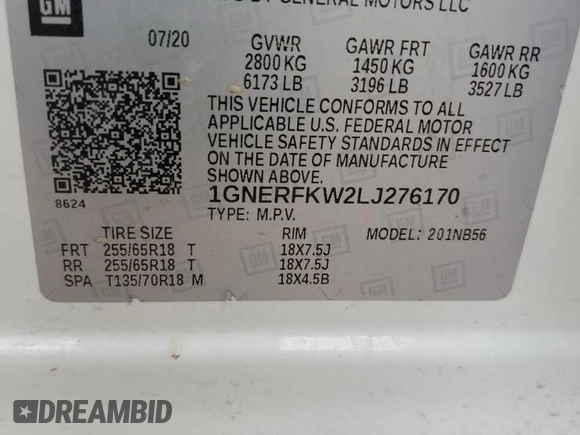 2020 Chevrolet Traverse LS with VIN 1GNERFKW2LJ276170, listed as a Copart auction lot 72087614 with 162,494 mi miles and Salvage Title. Bid and sale history available at carsss.com. Image 13.