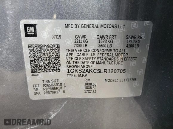 2020 GMC Yukon SLE with VIN 1GKS2AKC5LR120705, listed as a Copart auction lot 72464444 with 69,799 mi miles and Salvage Title. Bid and sale history available at carsss.com. Image 13.