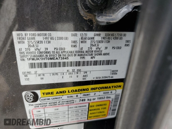 2021 Ford Expedition Max XLT with VIN 1FMJK1HT0MEA73845, listed as a Copart auction lot 55335385 with 57,420 mi miles and Salvage title. Bid and sale history available at DreamBid. Image 13.