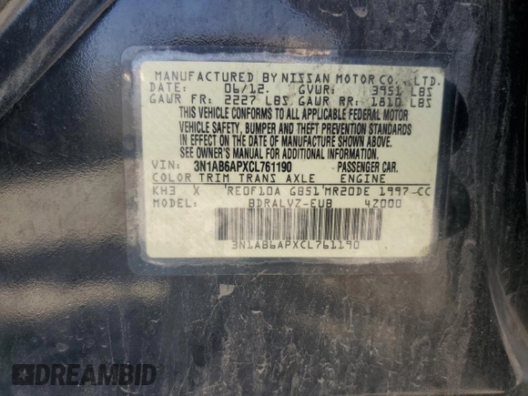 2012 Nissan Sentra SL с VIN 3N1AB6APXCL761190, выставлен на аукционе Copart как лот 52979685 с пробегом 151 586 миль миль и Списание • Salvage title. История ставок и продаж доступна на DreamBid. Изображение 12.
