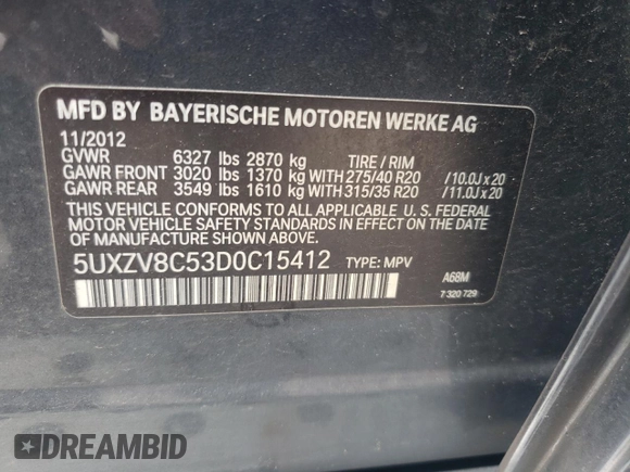 2013 BMW X5 xDrive50i with VIN 5UXZV8C53D0C15412, listed as a Copart auction lot 59331385 with 127,348 mi miles and Clean title. Bid and sale history available at DreamBid. Image 13.