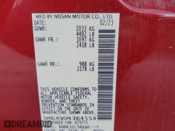2023 Nissan Altima 2.5 SR with VIN 1N4BL4CW5PN364554, listed as a Copart auction lot 53310735 with 30,638 mi miles and Salvage Title. Bid and sale history available at carsss.com. Image 12.