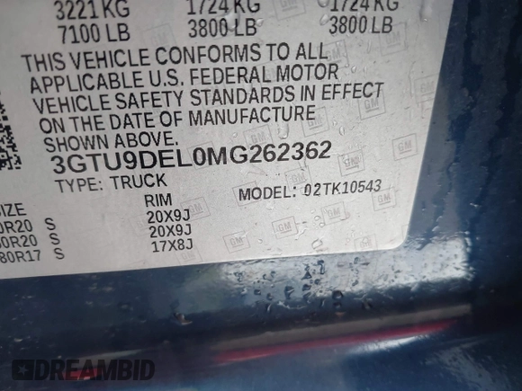 2021 GMC Sierra 1500 SLT z VIN 3GTU9DEL0MG262362, wystawiony jako IAAI lot #41433392 z przebiegiem 69 713 mil mil oraz . Historia ofert i sprzedaży dostępna na DreamBid. Obrazek 9.