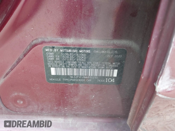 2021 Mitsubishi Mirage SE с VIN ML32FVFJ9MHF01230, выставлен на аукционе IAAI как лот 42129976 с пробегом 80 789 миль миль и . История ставок и продаж доступна на DreamBid. Изображение 9.