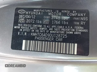 2013 Hyundai Veloster w/Gray Int with VIN KMHTC6AD9DU128725, listed as a IAAI auction lot 42648356 with 168,109 mi miles and . Bid and sale history available at DreamBid. Image 9.