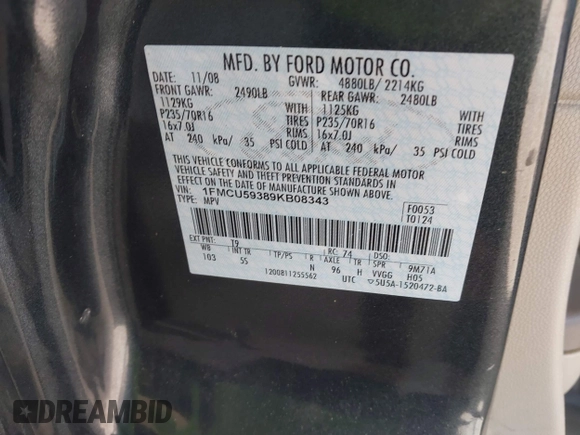 2009 Ford Escape Hybrid with VIN 1FMCU59389KB08343, listed as a IAAI auction lot 42520392 with 171,864 mi miles and . Bid and sale history available at DreamBid. Image 9.