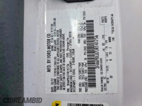 2018 Ford Fusion SE z VIN 3FA6P0LU7JR141756, wystawiony jako Copart lot #57490345 z przebiegiem Nie podano mil oraz Szkoda całkowita • Salvage title. Historia ofert i sprzedaży dostępna na DreamBid. Obrazek 12.